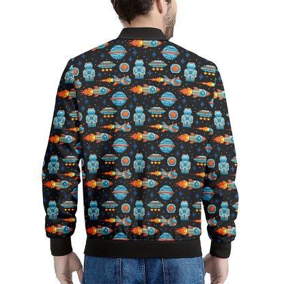Astronaut And Space Pixel Pattern Print Men's Bomber Jacket