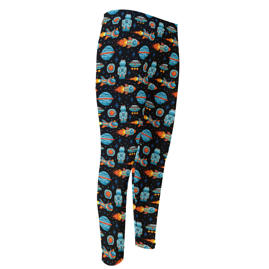 Astronaut And Space Pixel Pattern Print Men's Compression Pants