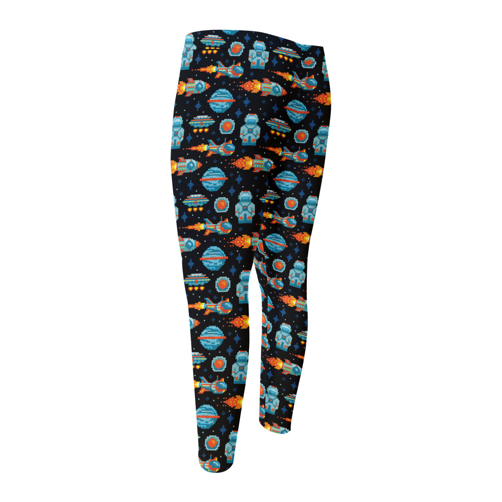 Astronaut And Space Pixel Pattern Print Men's Compression Pants