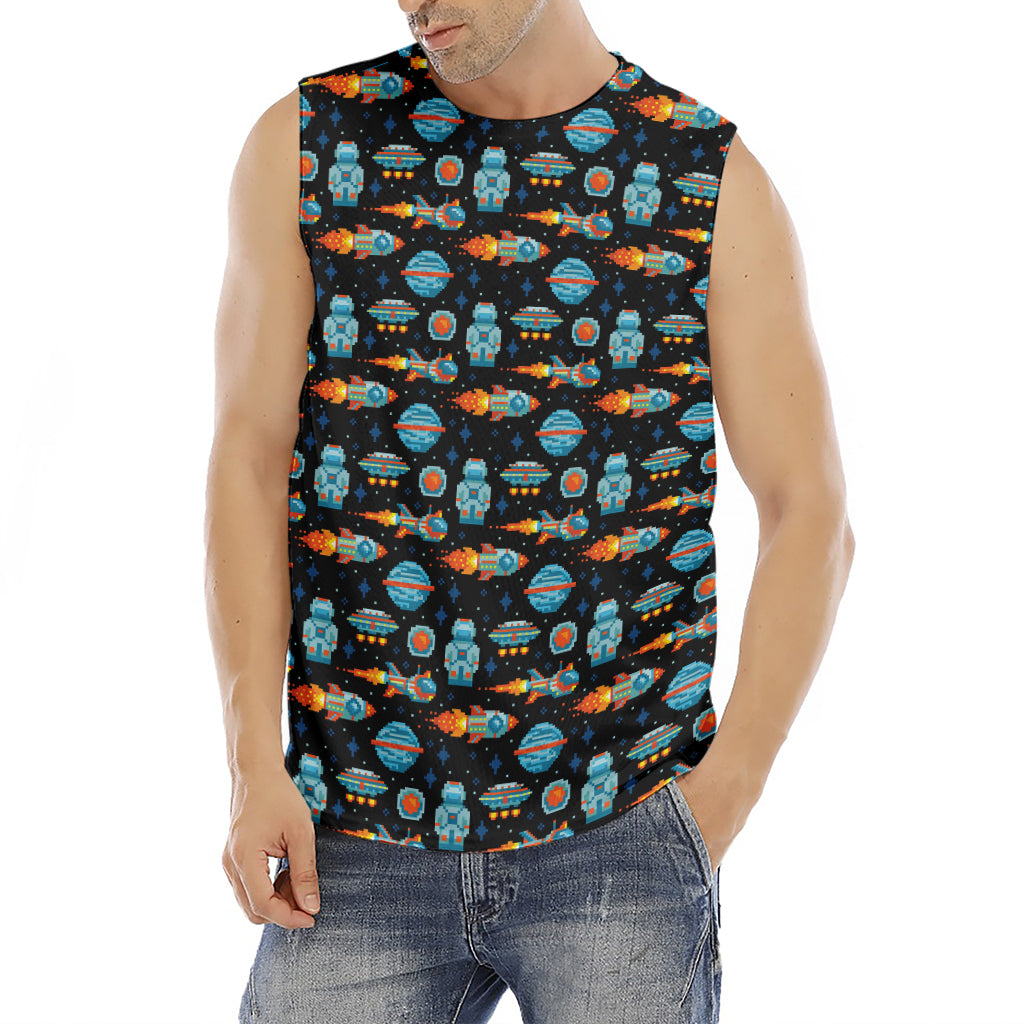 Astronaut And Space Pixel Pattern Print Men's Fitness Tank Top