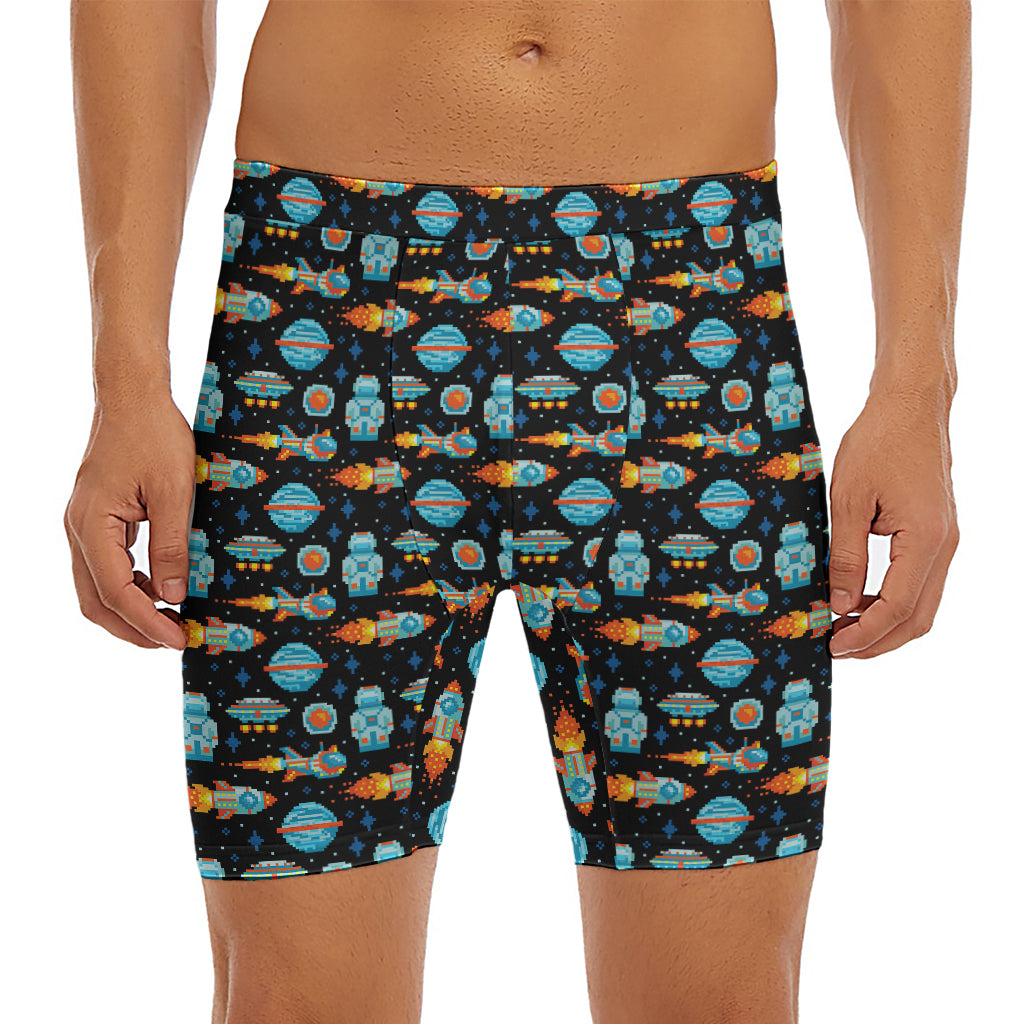 Astronaut And Space Pixel Pattern Print Men's Long Boxer Briefs