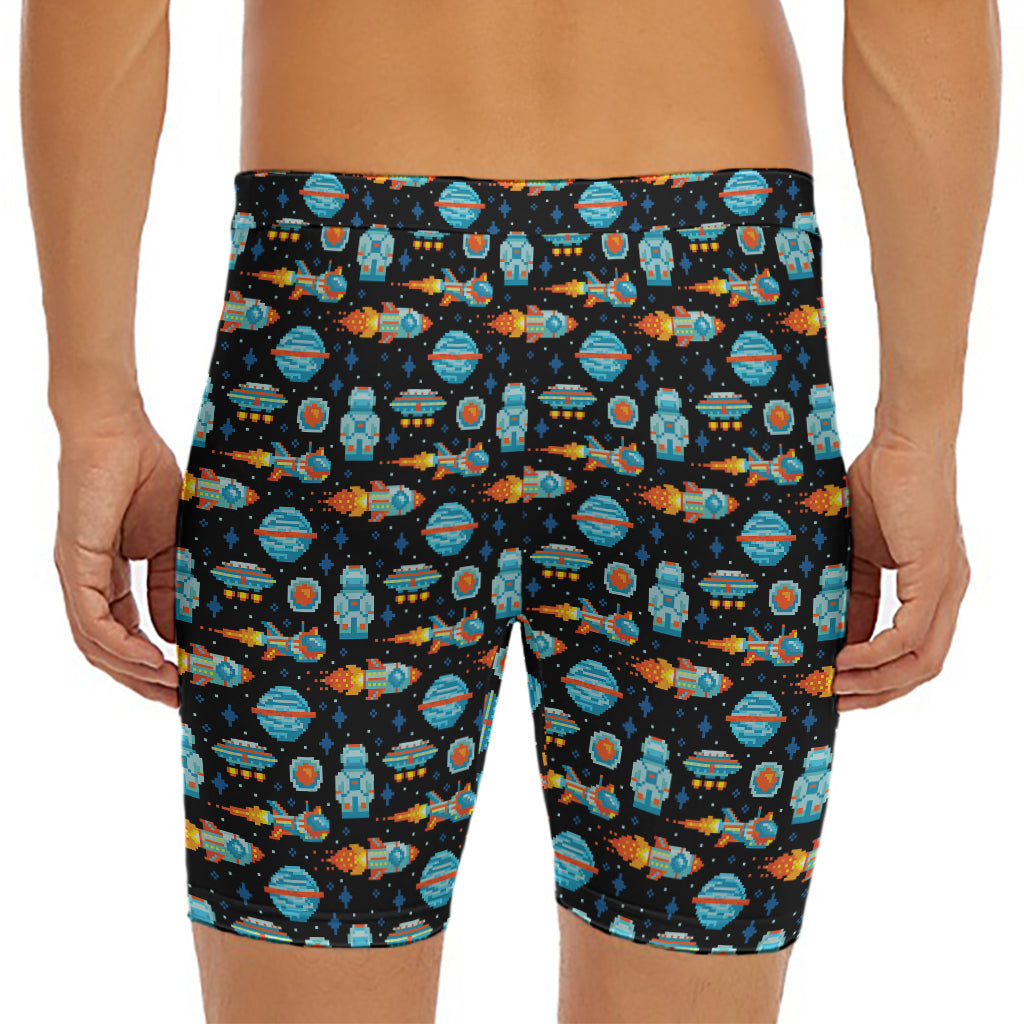 Astronaut And Space Pixel Pattern Print Men's Long Boxer Briefs