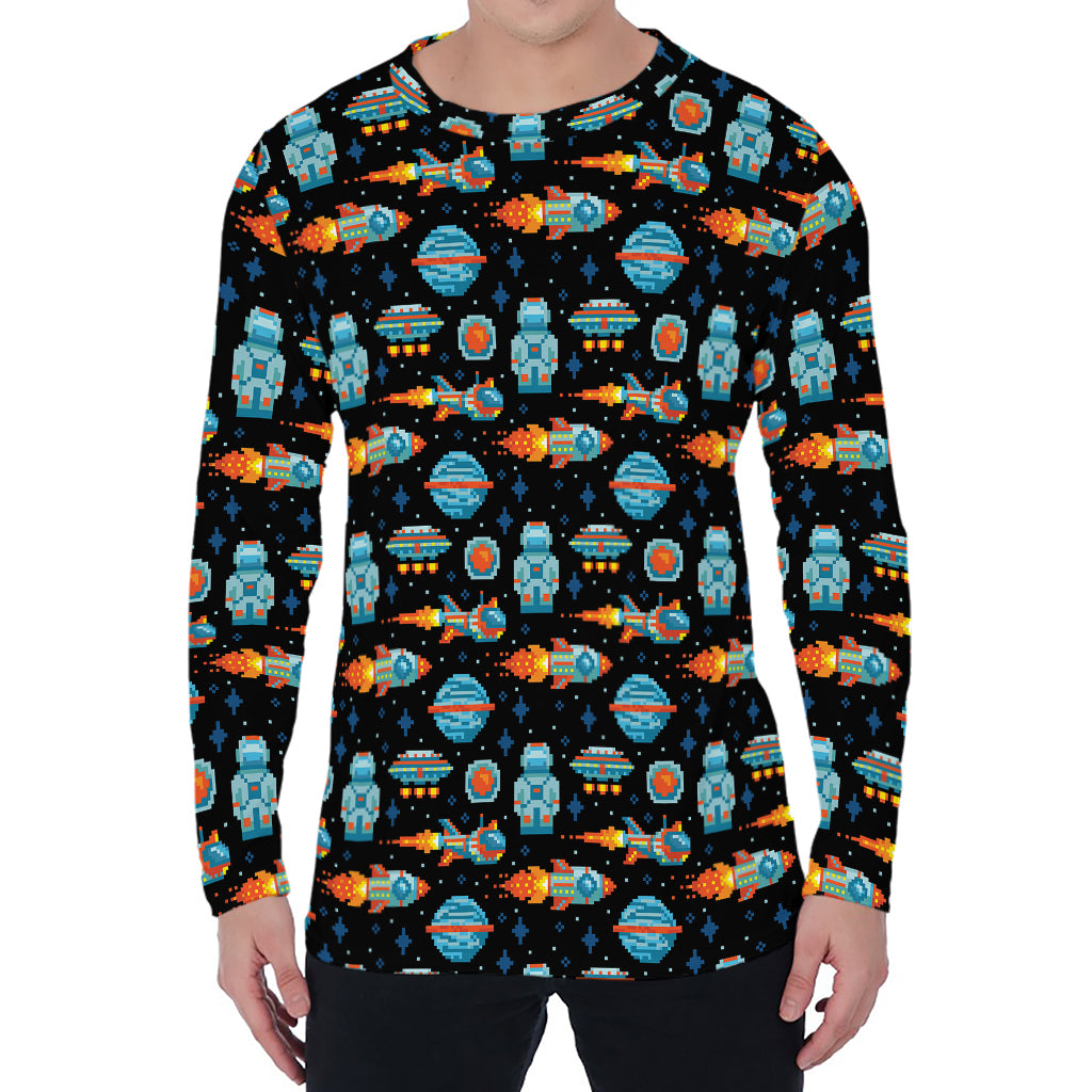 Astronaut And Space Pixel Pattern Print Men's Long Sleeve T-Shirt