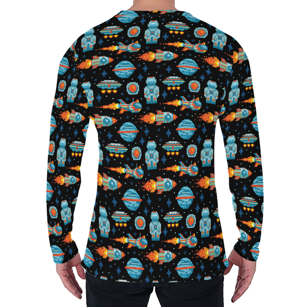 Astronaut And Space Pixel Pattern Print Men's Long Sleeve T-Shirt