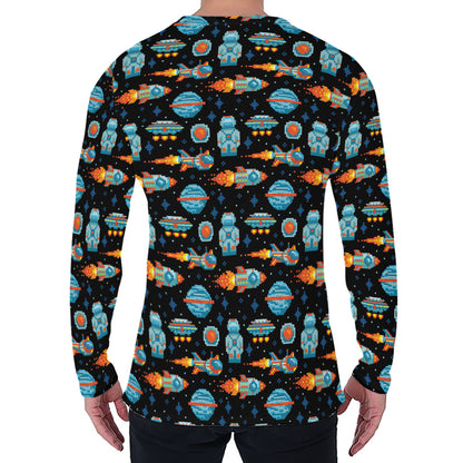 Astronaut And Space Pixel Pattern Print Men's Long Sleeve T-Shirt