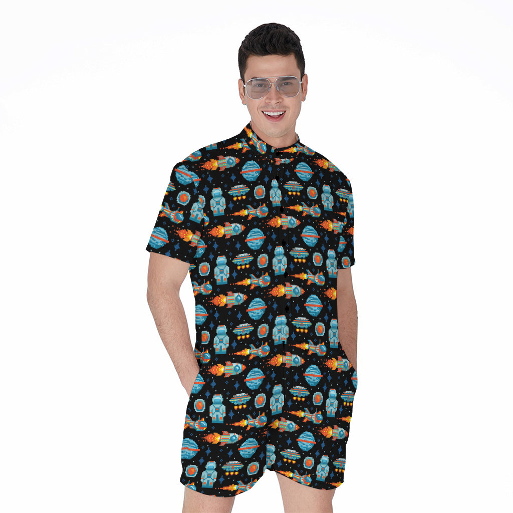 Astronaut And Space Pixel Pattern Print Men's Rompers