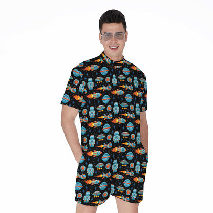 Astronaut And Space Pixel Pattern Print Men's Rompers