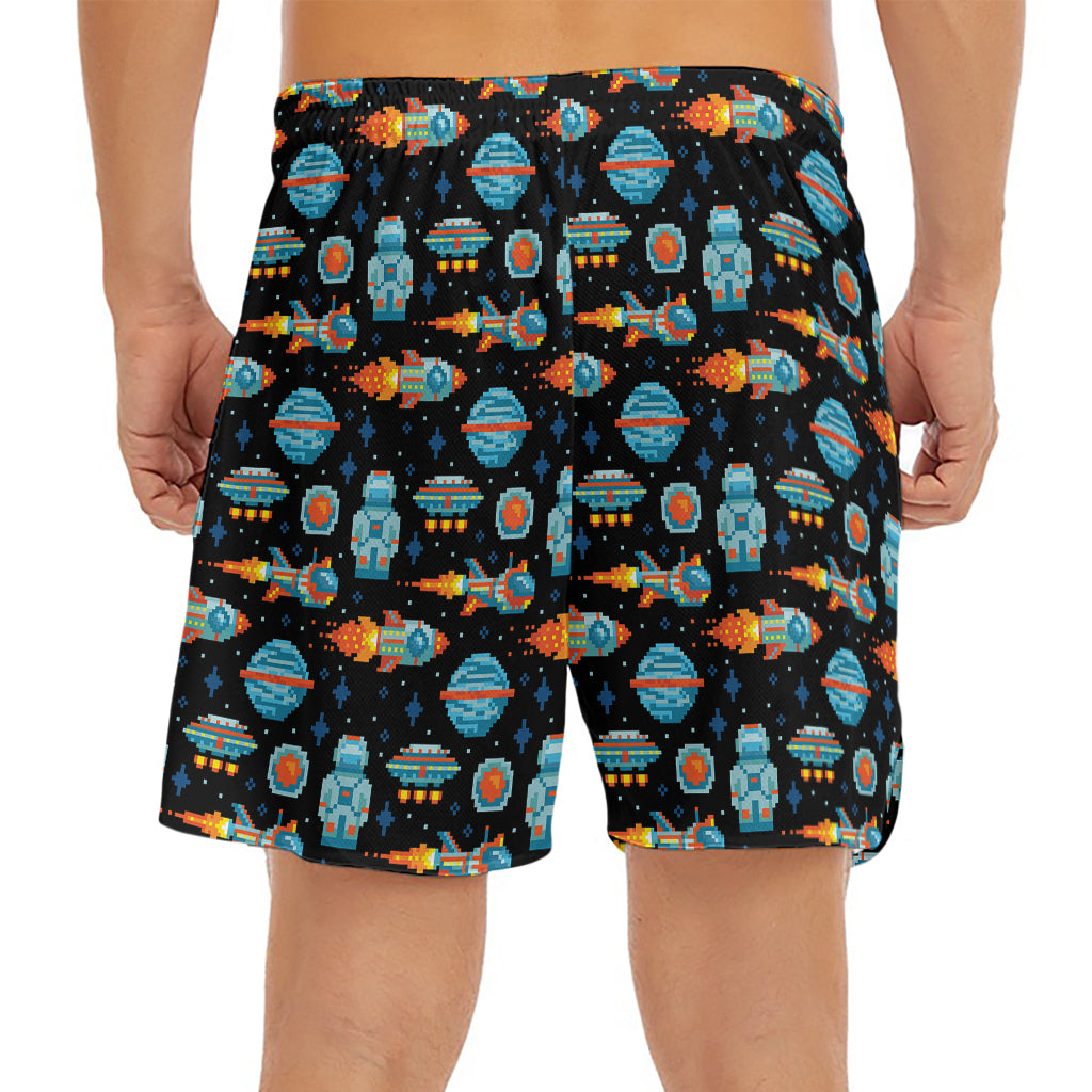 Astronaut And Space Pixel Pattern Print Men's Split Running Shorts