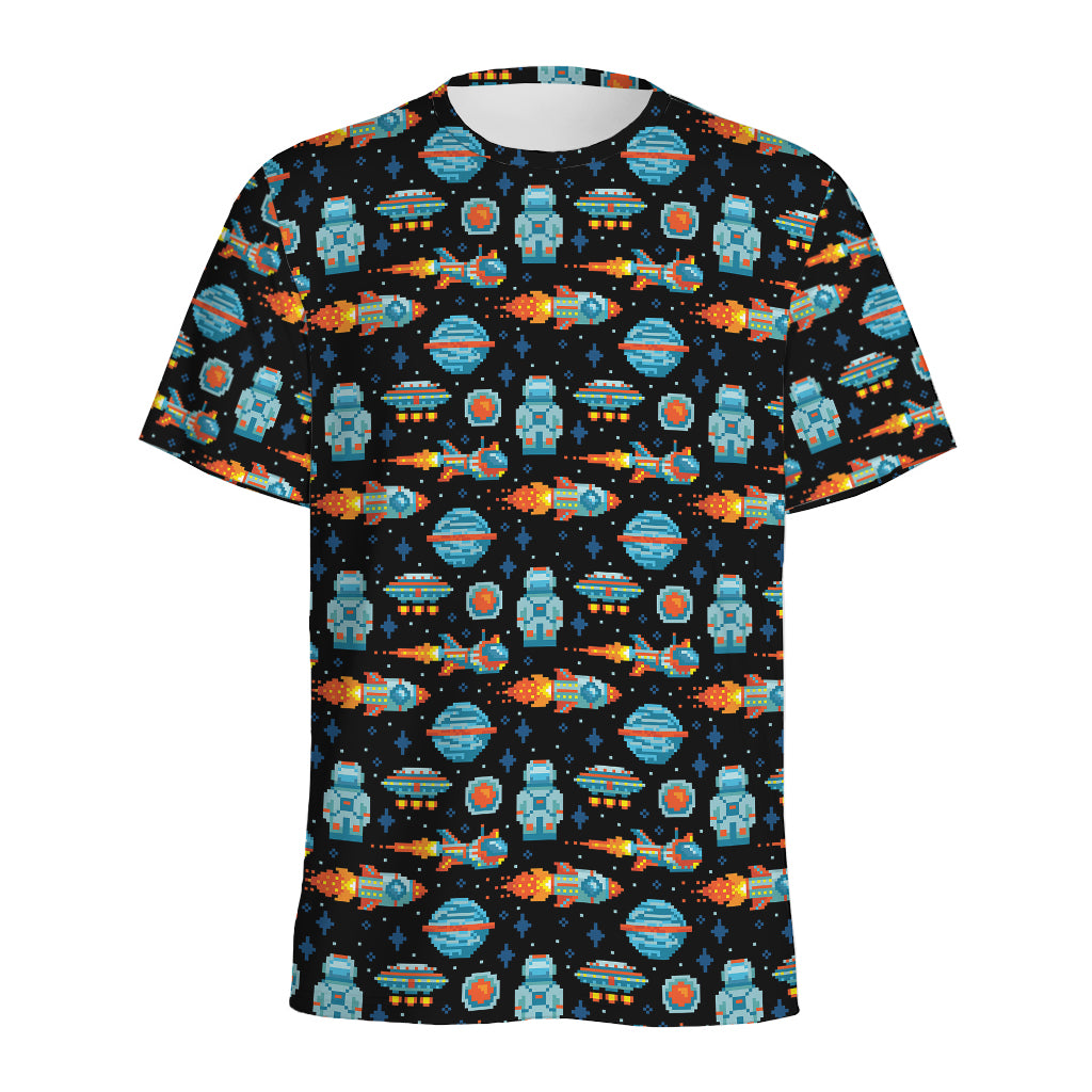 Astronaut And Space Pixel Pattern Print Men's Sports T-Shirt