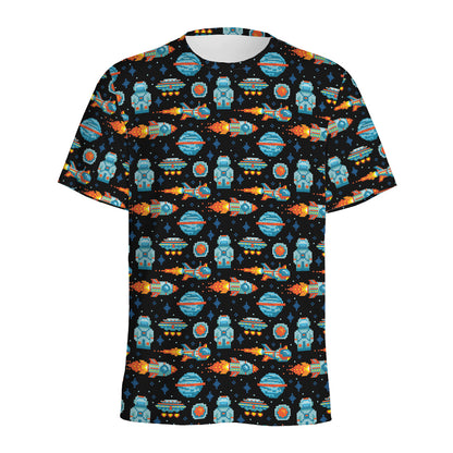 Astronaut And Space Pixel Pattern Print Men's Sports T-Shirt