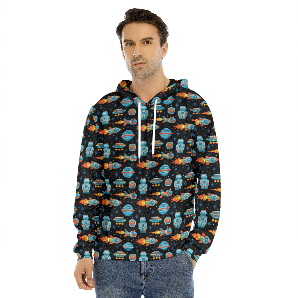 Astronaut And Space Pixel Pattern Print Men's Velvet Pullover Hoodie