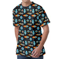 Astronaut And Space Pixel Pattern Print Men's Velvet T-Shirt