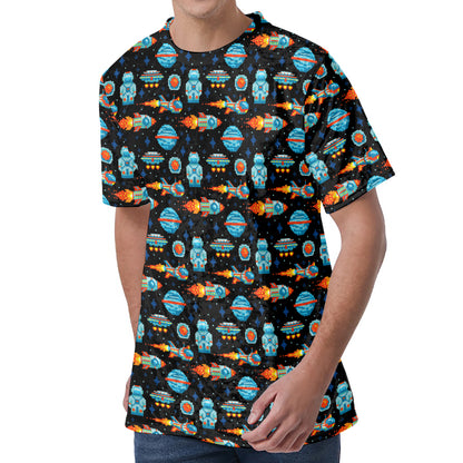 Astronaut And Space Pixel Pattern Print Men's Velvet T-Shirt