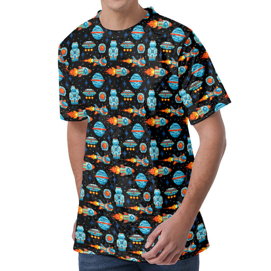 Astronaut And Space Pixel Pattern Print Men's Velvet T-Shirt