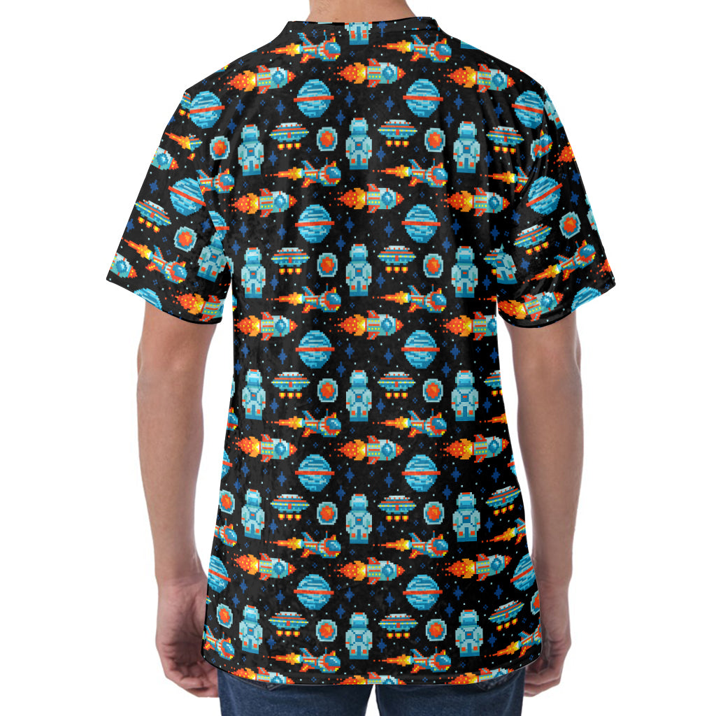 Astronaut And Space Pixel Pattern Print Men's Velvet T-Shirt