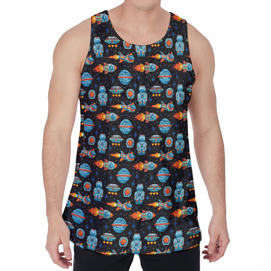 Astronaut And Space Pixel Pattern Print Men's Velvet Tank Top