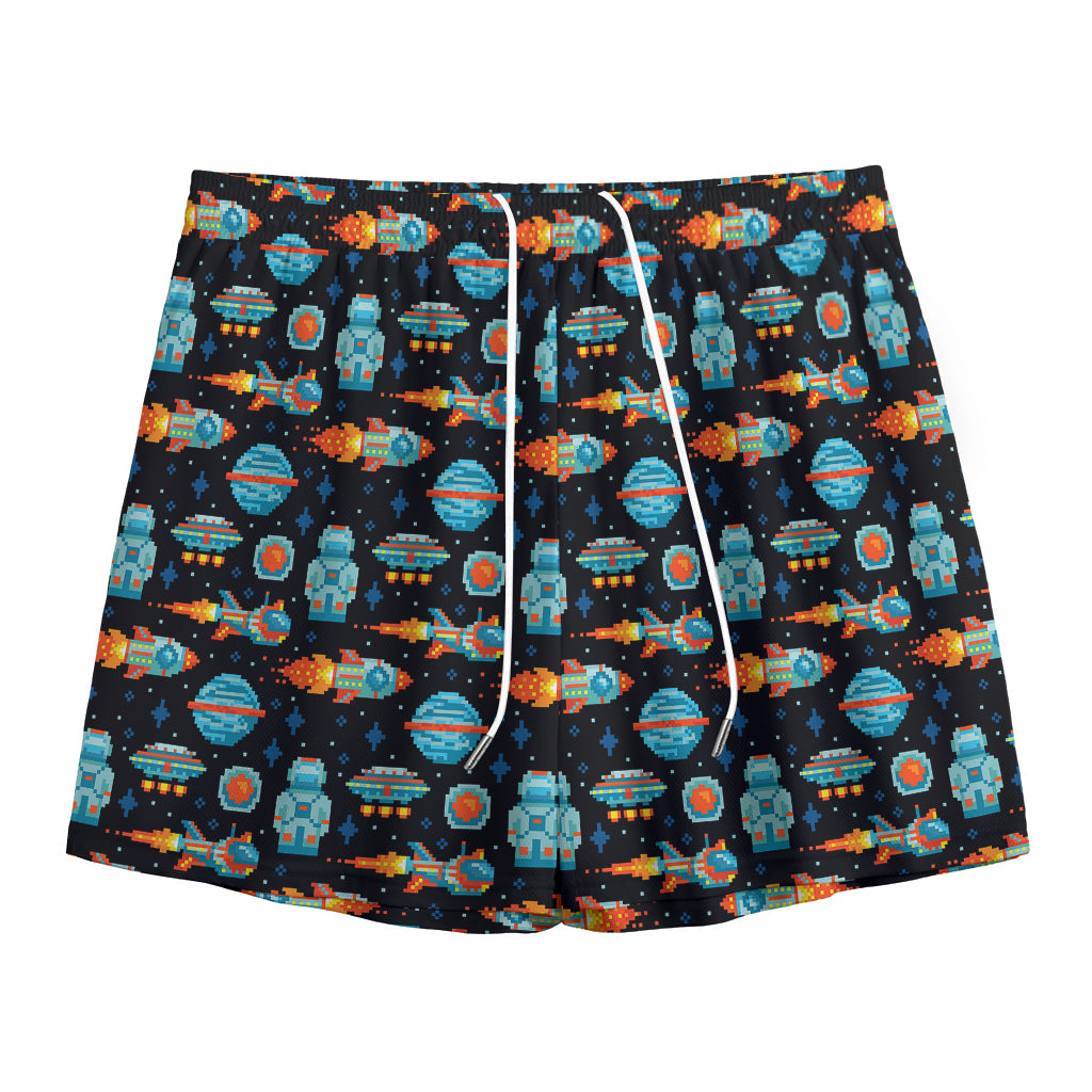 Astronaut And Space Pixel Pattern Print Mesh Shorts