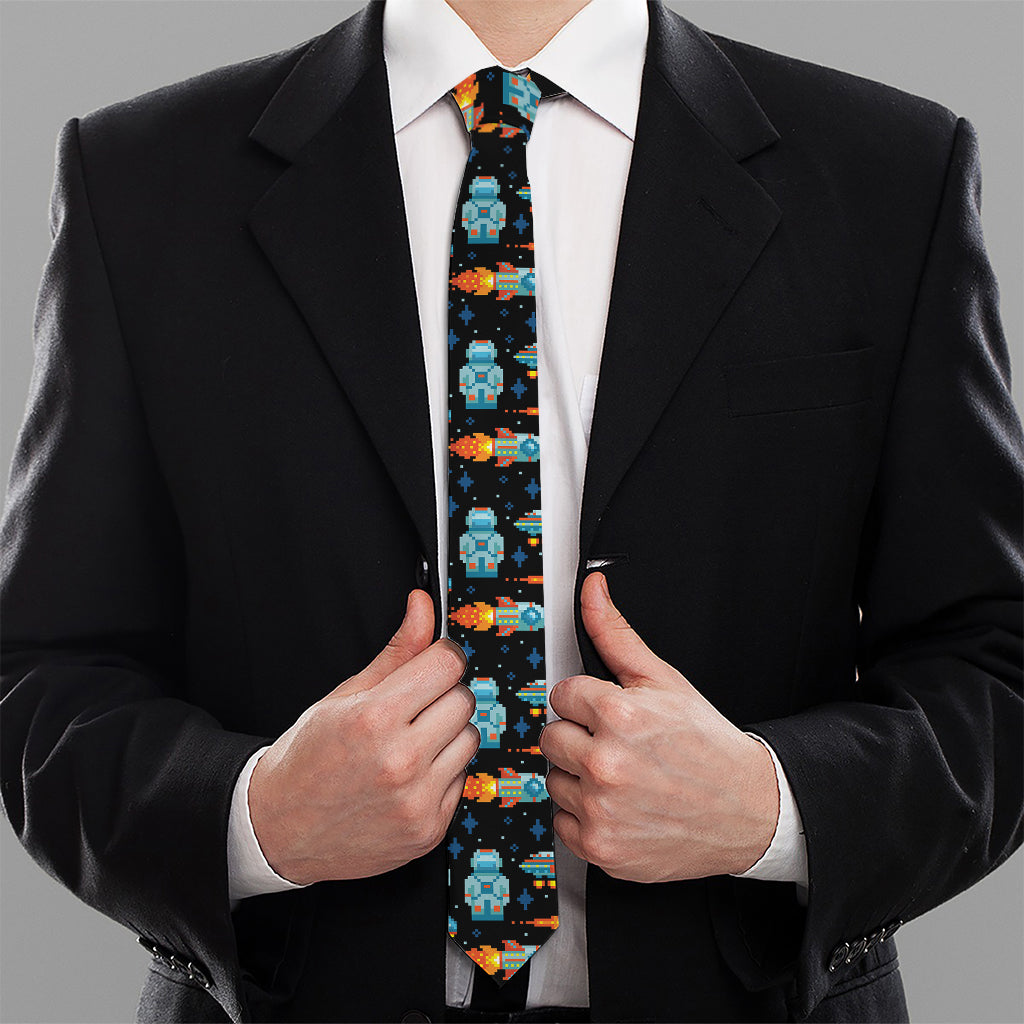 Astronaut And Space Pixel Pattern Print Necktie