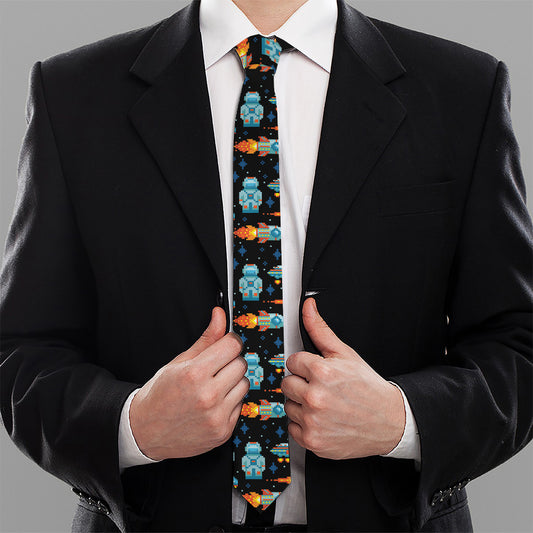 Astronaut And Space Pixel Pattern Print Necktie