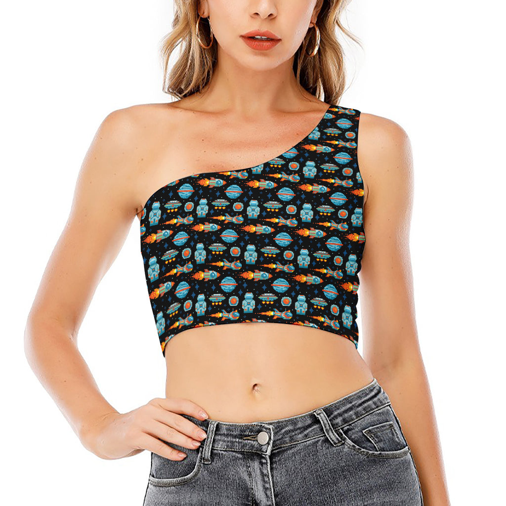 Astronaut And Space Pixel Pattern Print One Shoulder Crop Top