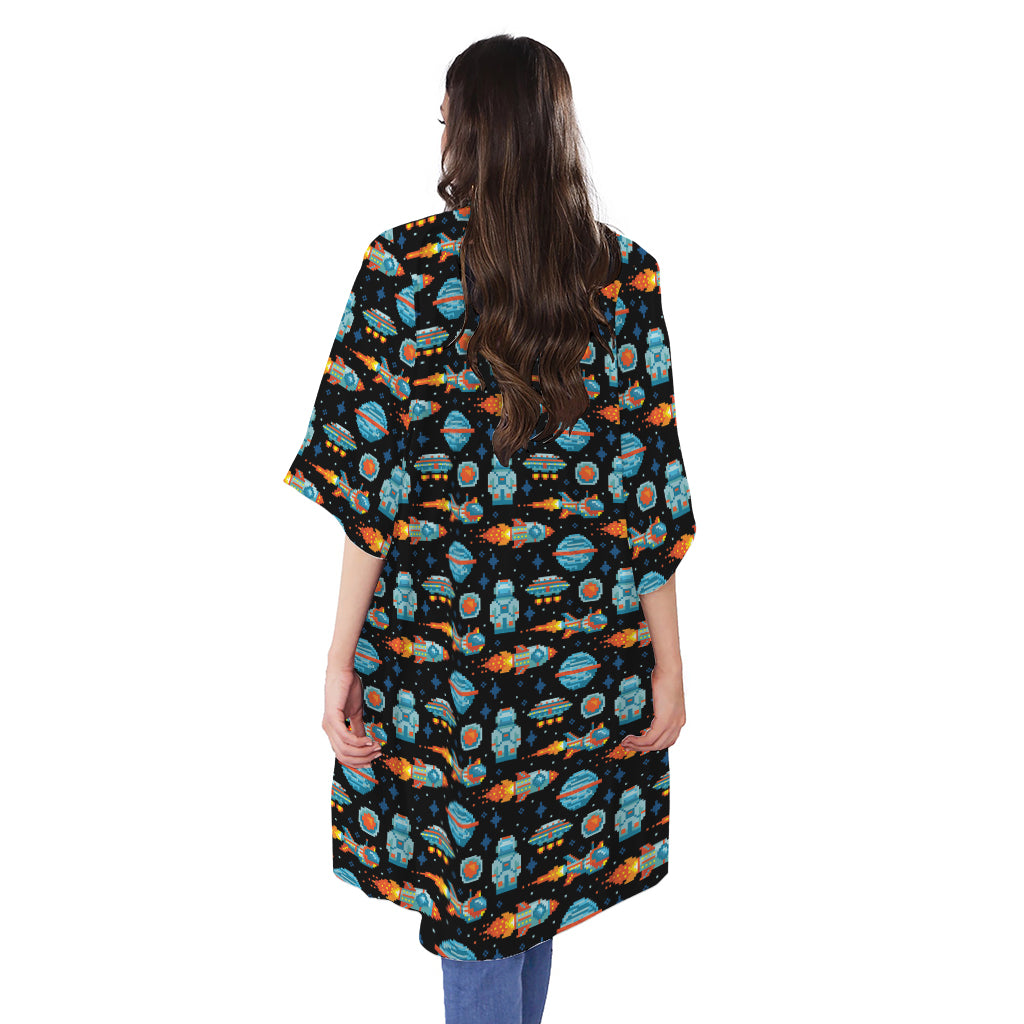 Astronaut And Space Pixel Pattern Print Open Front Beach Cover Up