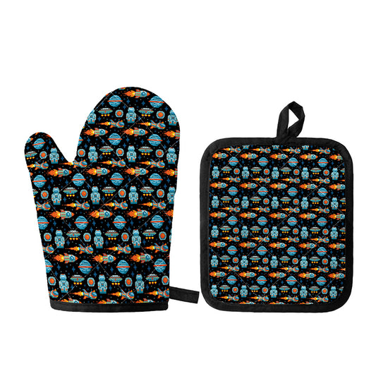 Astronaut And Space Pixel Pattern Print Oven Mitt And Pot Holder Set