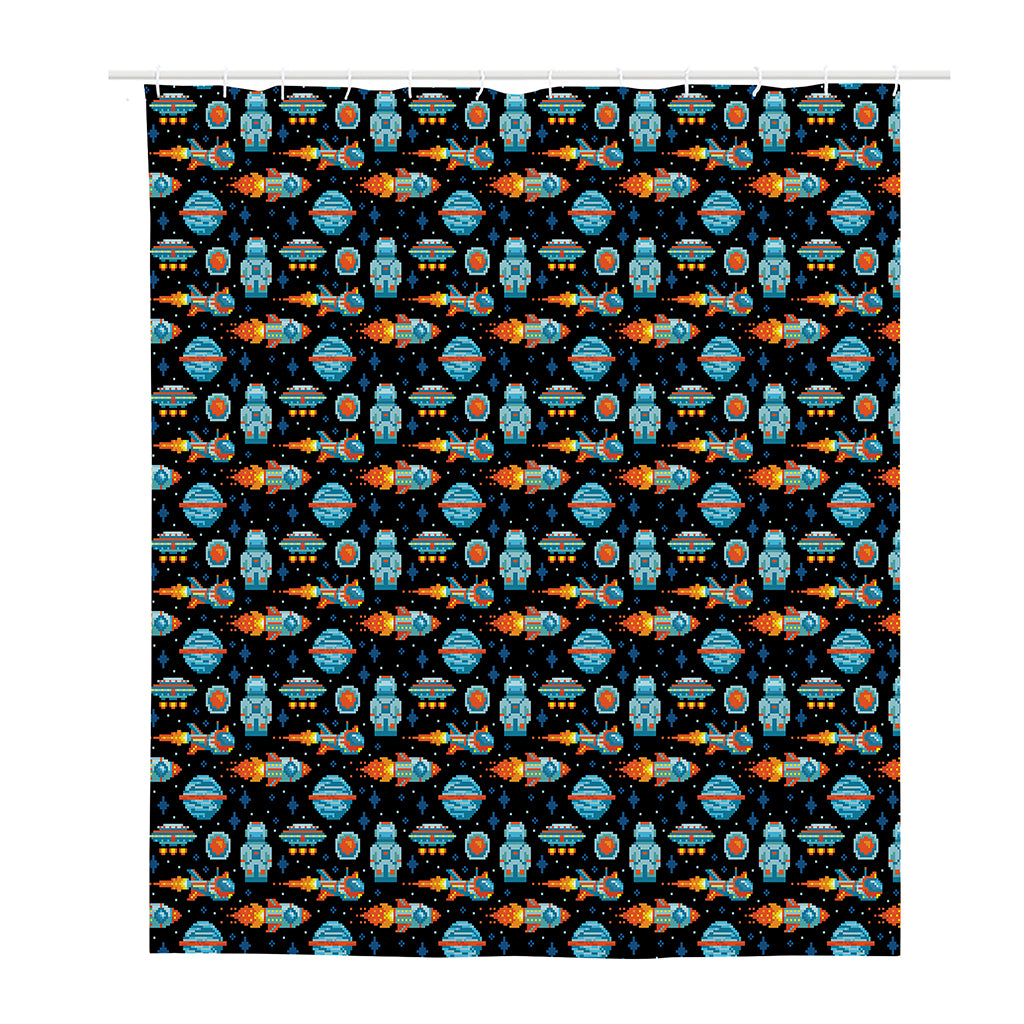 Astronaut And Space Pixel Pattern Print Polyester Shower Curtain