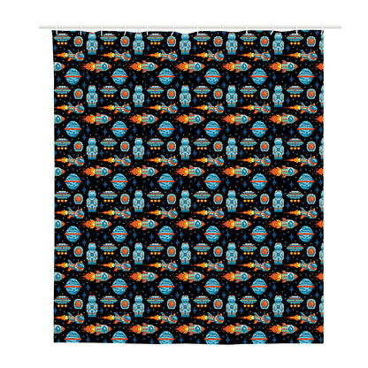 Astronaut And Space Pixel Pattern Print Polyester Shower Curtain