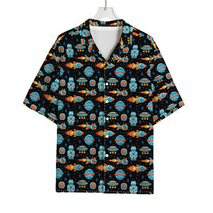 Astronaut And Space Pixel Pattern Print Rayon Hawaiian Shirt