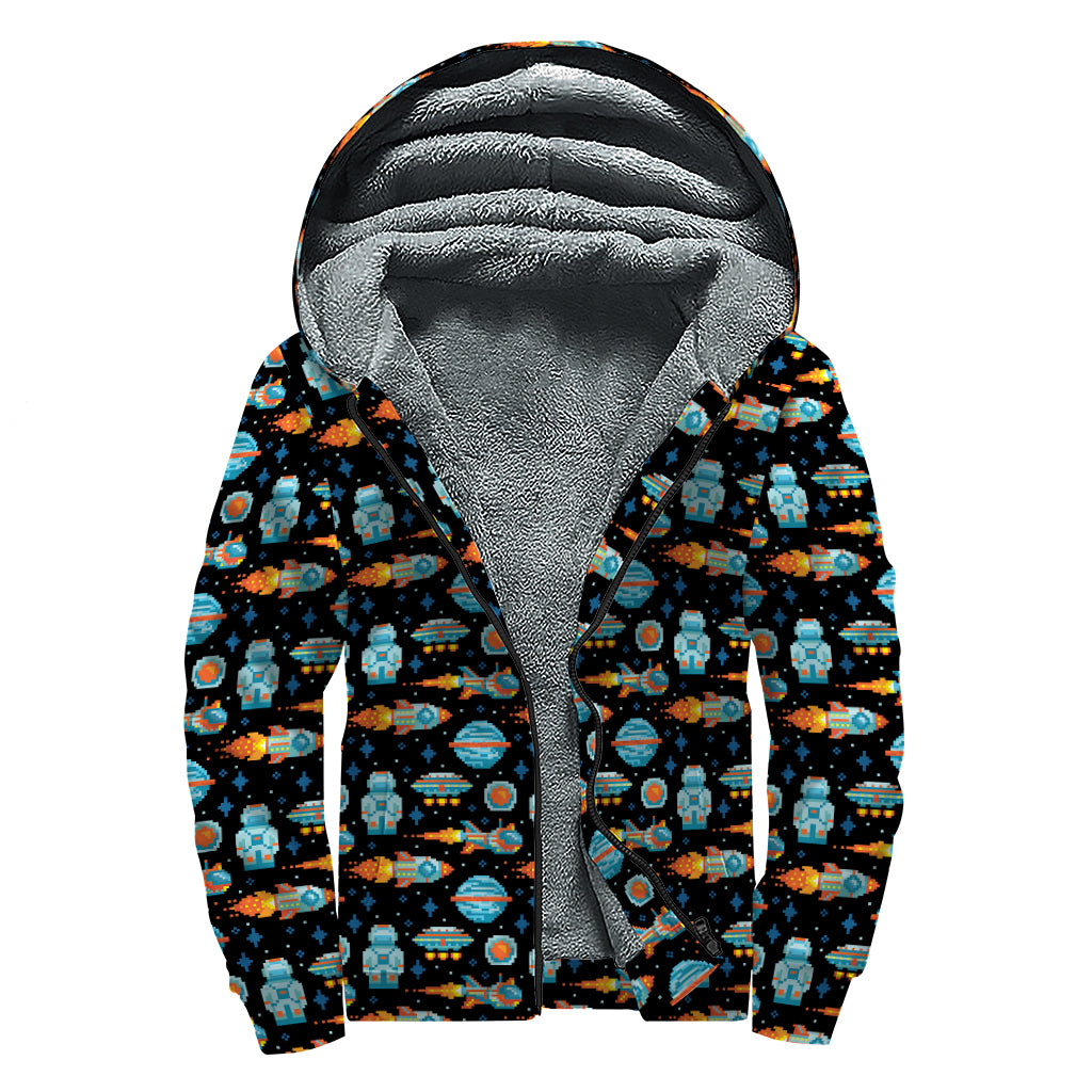 Astronaut And Space Pixel Pattern Print Sherpa Lined Zip Up Hoodie