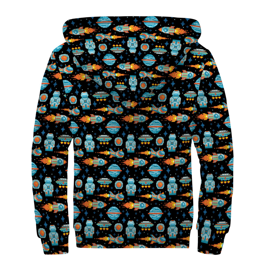 Astronaut And Space Pixel Pattern Print Sherpa Lined Zip Up Hoodie