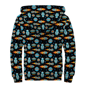 Astronaut And Space Pixel Pattern Print Sherpa Lined Zip Up Hoodie