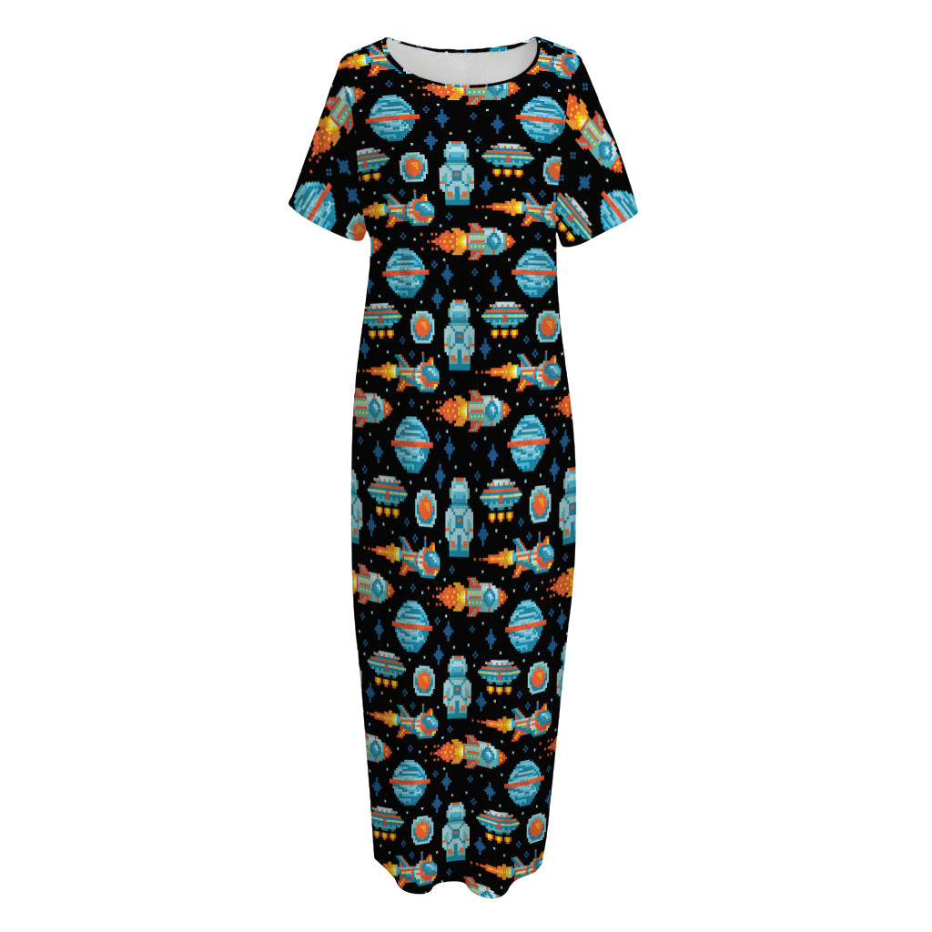 Astronaut And Space Pixel Pattern Print Short Sleeve Long Nightdress