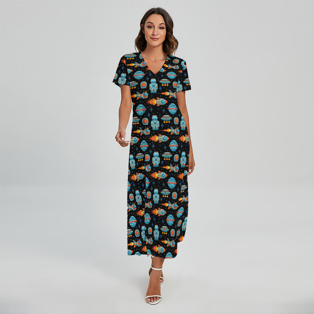 Astronaut And Space Pixel Pattern Print Short Sleeve Maxi Dress