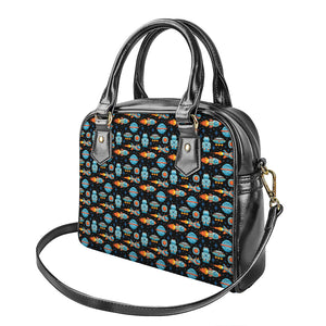 Astronaut And Space Pixel Pattern Print Shoulder Handbag