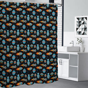 Astronaut And Space Pixel Pattern Print Shower Curtain