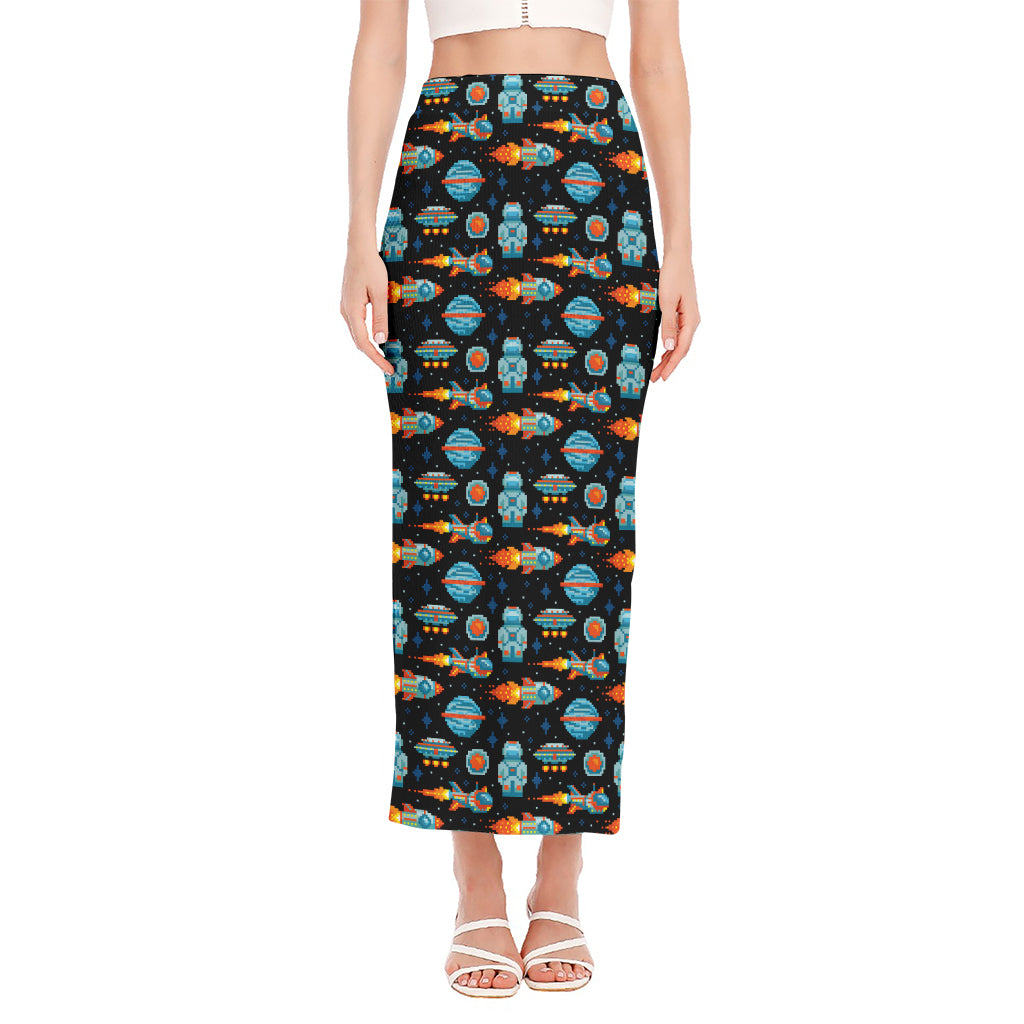 Astronaut And Space Pixel Pattern Print Side Slit Maxi Skirt