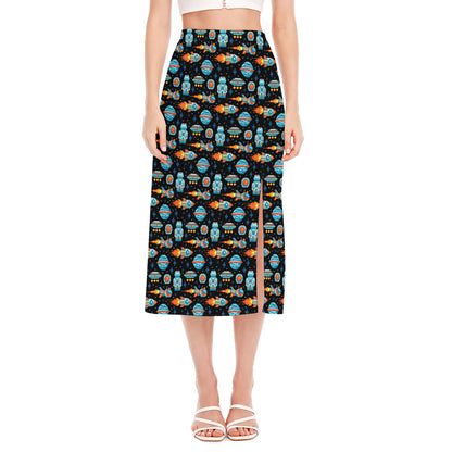 Astronaut And Space Pixel Pattern Print Side Slit Midi Skirt