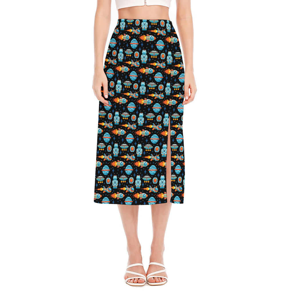 Astronaut And Space Pixel Pattern Print Side Slit Midi Skirt