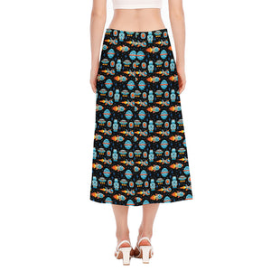 Astronaut And Space Pixel Pattern Print Side Slit Midi Skirt