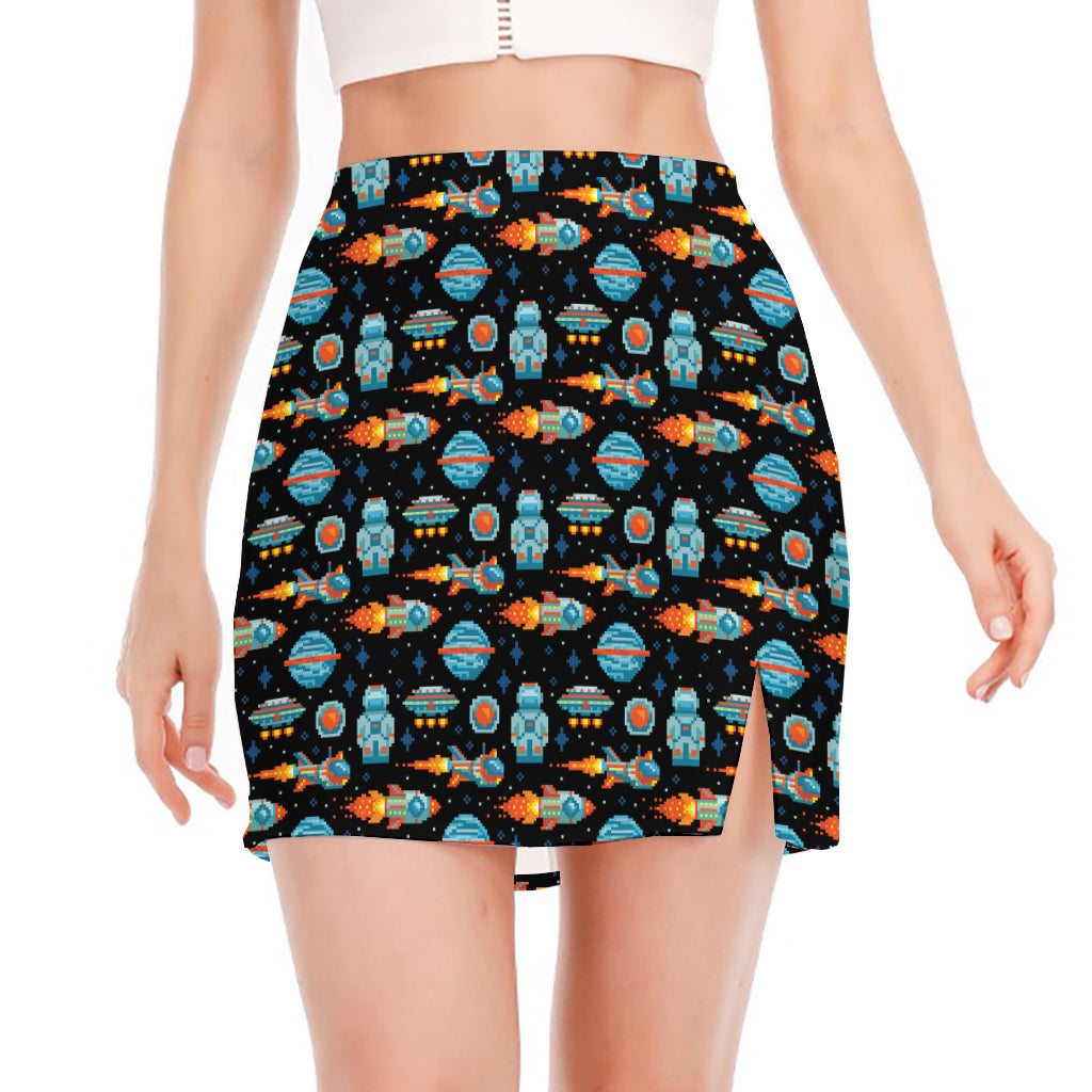 Astronaut And Space Pixel Pattern Print Side Slit Mini Skirt