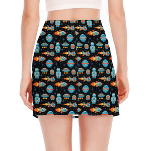 Astronaut And Space Pixel Pattern Print Side Slit Mini Skirt