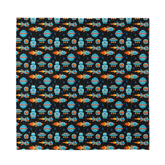 Astronaut And Space Pixel Pattern Print Silk Bandana