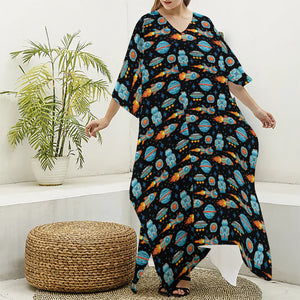 Astronaut And Space Pixel Pattern Print Silk V-Neck Kaftan Dress