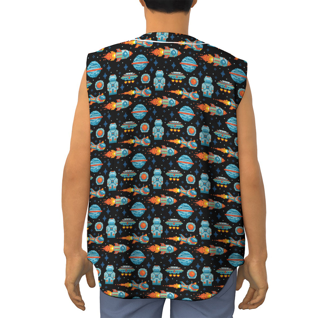 Astronaut And Space Pixel Pattern Print Sleeveless Baseball Jersey