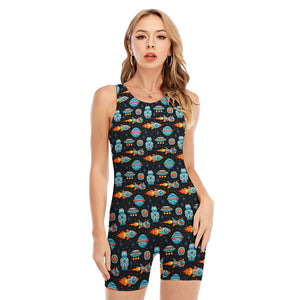 Astronaut And Space Pixel Pattern Print Sleeveless One Piece Swimsuit