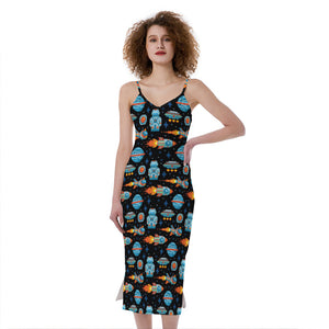 Astronaut And Space Pixel Pattern Print Slim Fit Midi Cami Dress