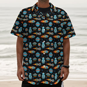 Astronaut And Space Pixel Pattern Print Textured Short Sleeve Shirt