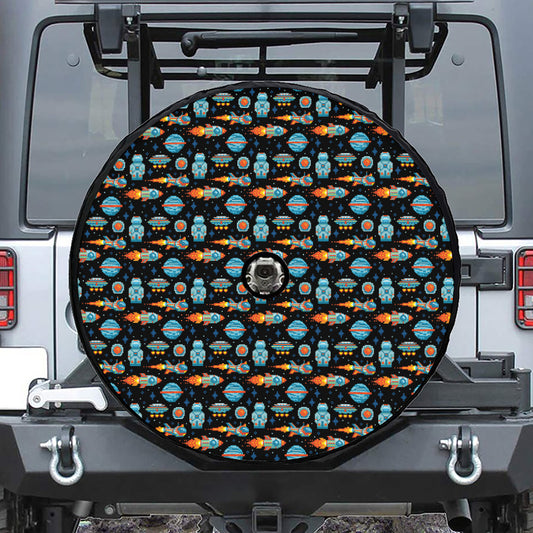 Astronaut And Space Pixel Pattern Print Tire Cover With Camera Hole