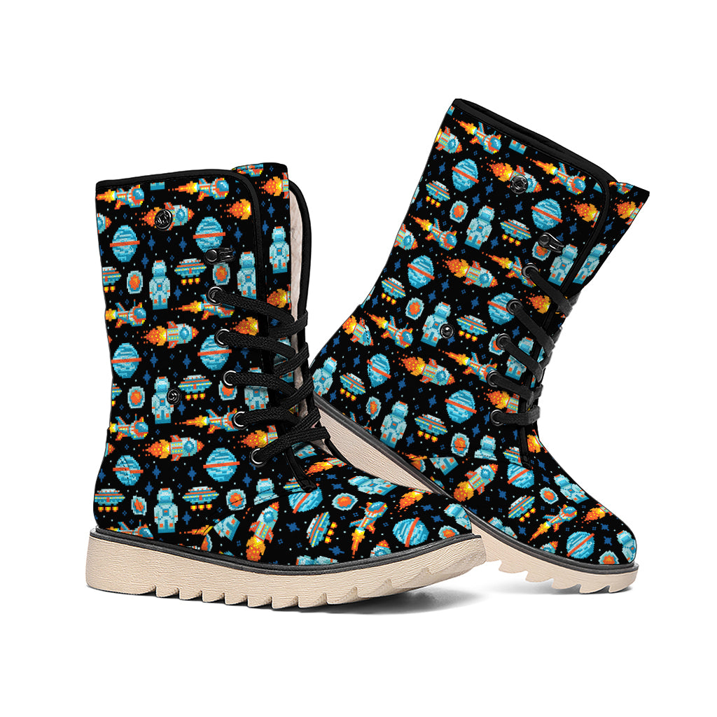 Astronaut And Space Pixel Pattern Print Winter Boots